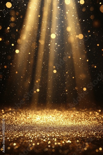 Radiant beams of light illuminating sparkling particles on a dark surface at ...