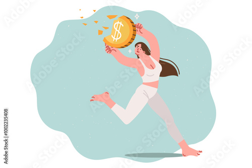 Problem of inflation destroys savings of woman suffering from crisis and running with coin in hands