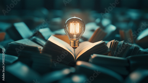 A glowing filament bulb is placed in the center of a circle of mystical, ancient tomes, their pages curling slightly in the warm light, representing the uncovering of hidden knowle photo