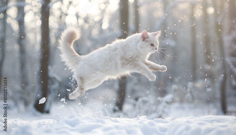 Obraz premium White cat jumping through freshly fallen snow in a winter forest. Concept of playful pets, winter wonderland, and snowy landscapes. Copy space