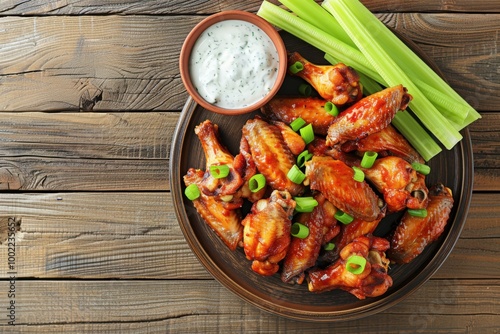 A plate of spicy buffalo chicken wings with celery sticks and ranch dressing, served on a rustic wooden table. Copy space 