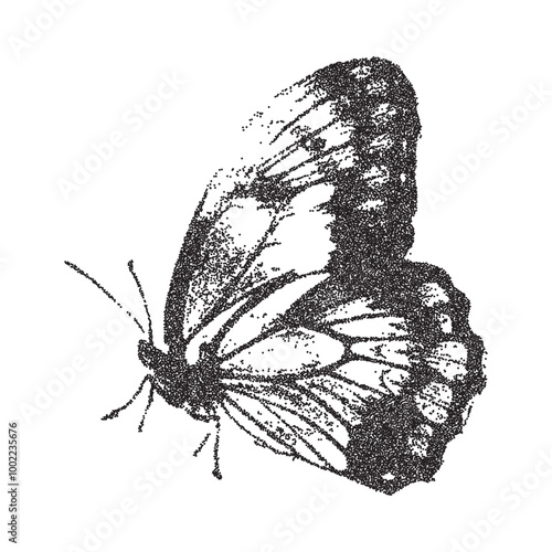 Vector butterfly trendy retro photocopy grain effect. Modern stipple dots texture for design art.