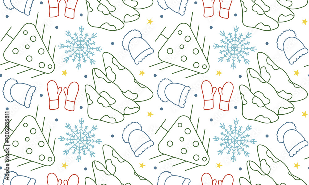 Seamless pattern with Christmas tree and snowflakes in doodle style. Geometric trees for New Year. Winter mittens and hat. Seamless pattern with Christmas tree and snowflakes in doodle style. Geometric trees for New Year. Winter mittens and hat.