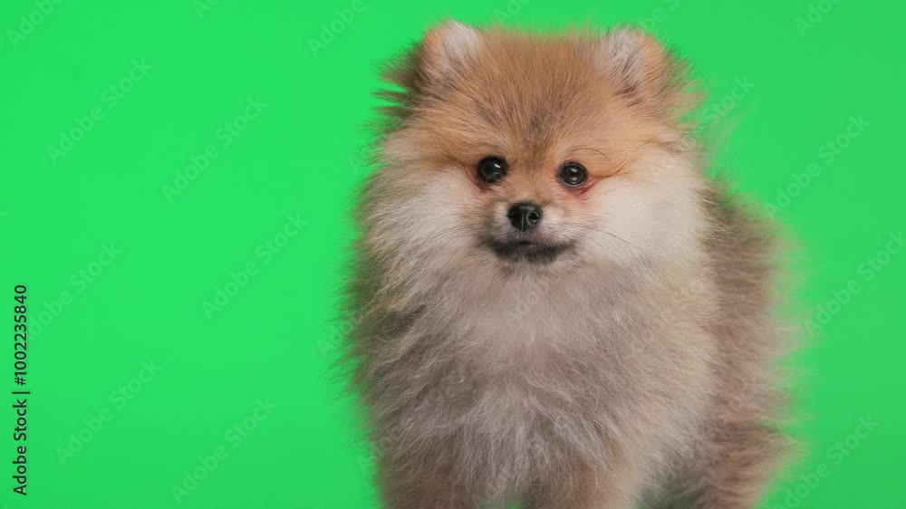 sweet little Pomeranian spitz puppy with fluffy fur looking to side and forward, sitting and looking down in front of green background sweet little Pomeranian spitz puppy with fluffy fur looking to side and forward, sitting and looking down in front of green background