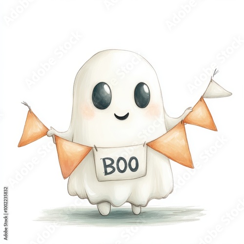 Cheerful cartoon ghost holding a banner reading 'Boo', perfect for Halloween decorations and fun spooky themes. photo