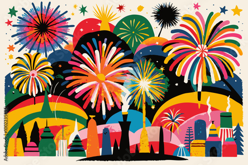 Colorful Fireworks Display Over Urban Skyline at Night