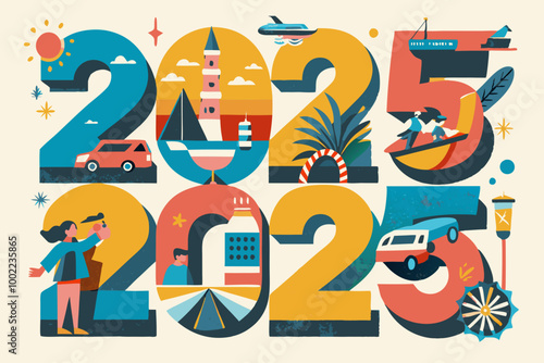Colorful Retro Travel-Themed Illustration Welcoming the Year 2025