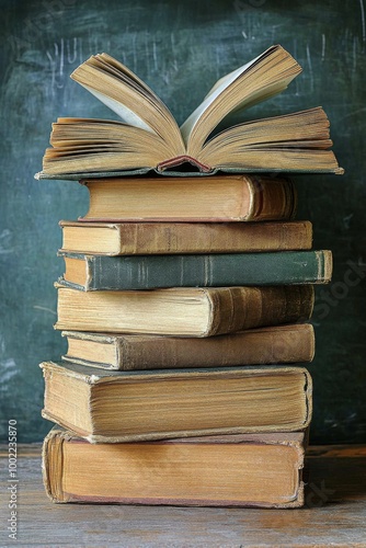 Stacked vintage books with an open book on top against a chalkboard background