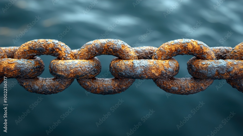 Close-Up of a Rusty Chain Against a Blurry Water Background Close-Up of a Rusty Chain Against a Blurry Water Background