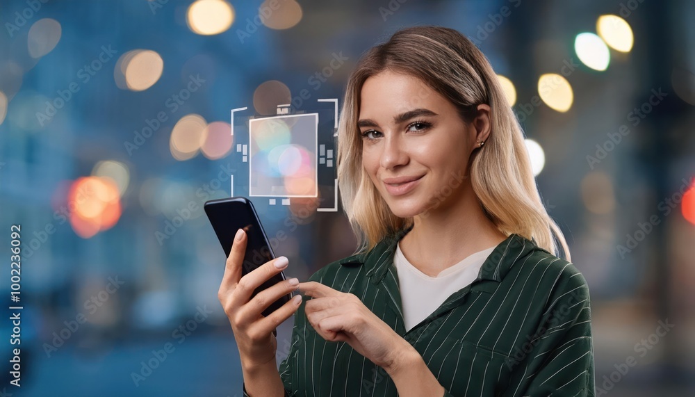 Girl with smartphone using face ID . Biometric verification. Girl with smartphone using face ID . Biometric verification.