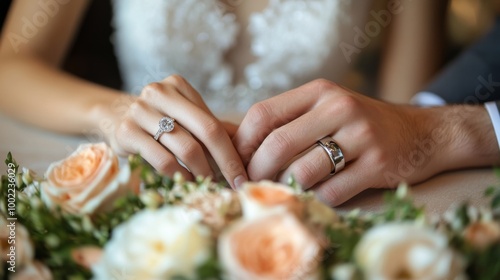 Couple exchanging wedding rings during an outdoor ceremony at sunset