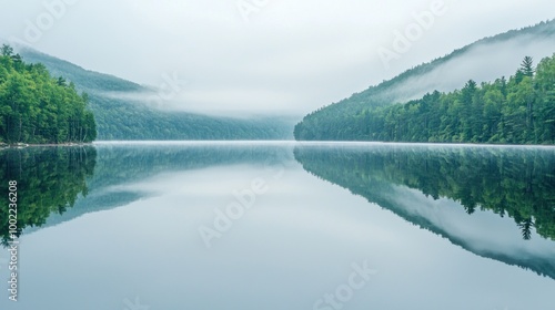 a calm, still lake reflecting the surrounding landscape, evoking a feeling of tranquility.