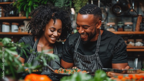 Fototapeta Naklejka Na Ścianę i Meble -  Happy couple cooking together in a plant-filled kitchen