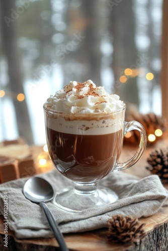 Creamy hot chocolate topped with chocolate shavings served in a clear glass mug