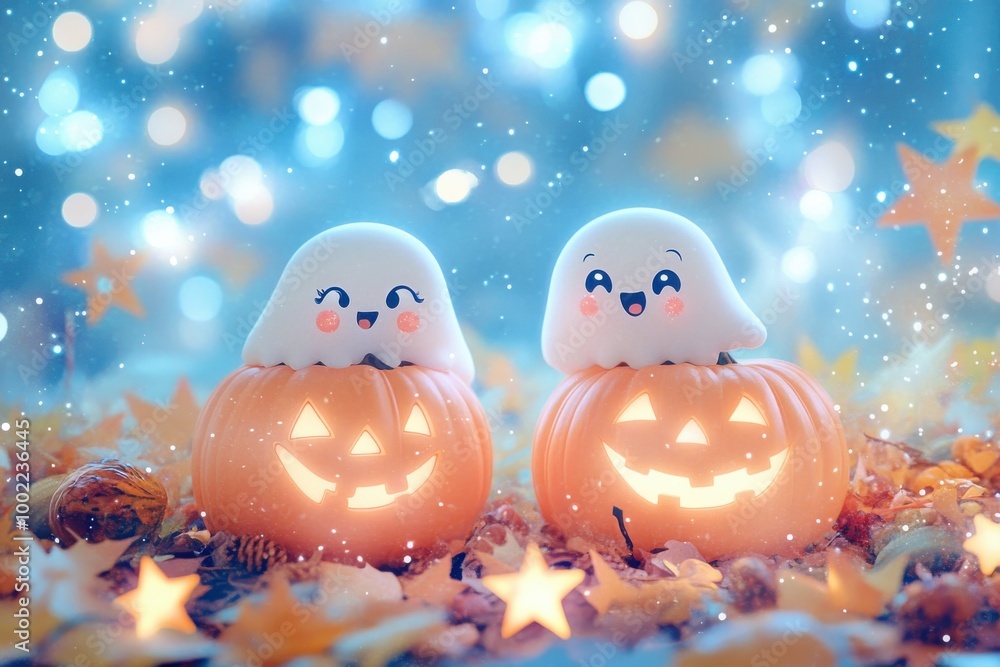 Cheerful ghosts smile from carved pumpkins, surrounded by autumn leaves and sparkling lights in a whimsical Halloween scene. Cheerful ghosts smile from carved pumpkins, surrounded by autumn leaves and sparkling lights in a whimsical Halloween scene.