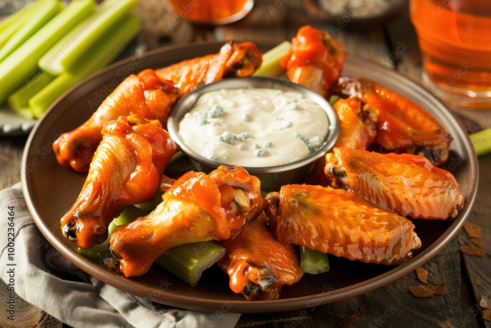 A plate of spicy buffalo wings with celery sticks and blue cheese dip A plate of spicy buffalo wings with celery sticks and blue cheese dip