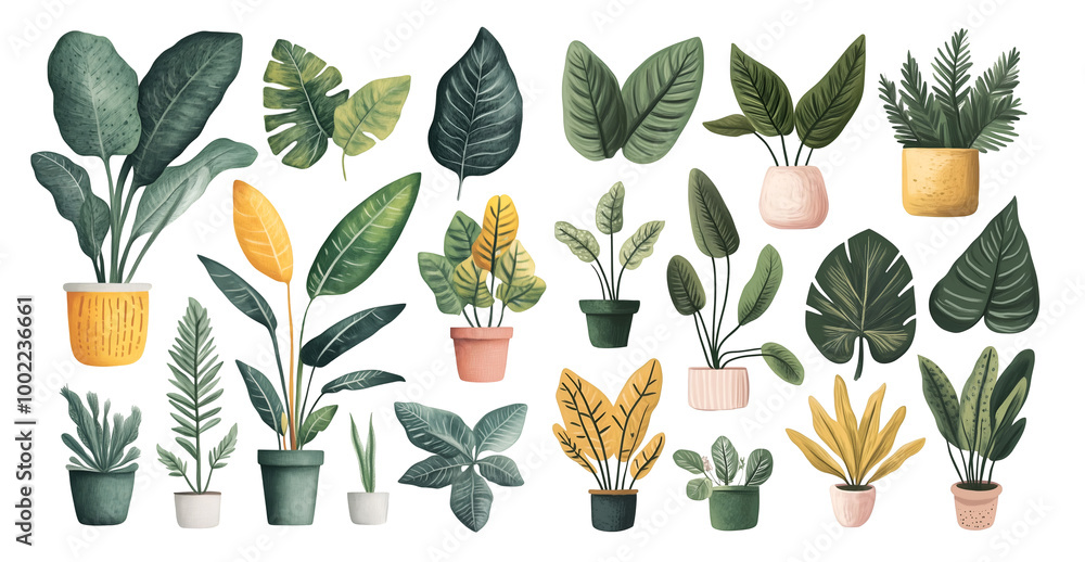 Set of Indoor Houseplants With Decorative Leaves In Stylish Potted Plants Design Ideal For Home Interior Decor, Cutout, Isolated on Transparent PNG/White Set of Indoor Houseplants With Decorative Leaves In Stylish Potted Plants Design Ideal For Home Interior Decor, Cutout, Isolated on Transparent PNG/White