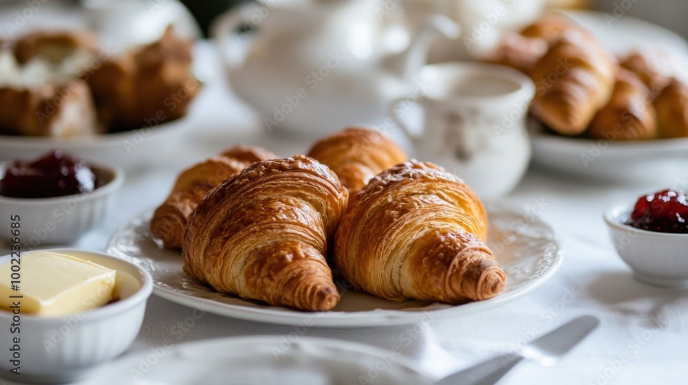Traditional breakfast items like croissants, butter, and jam arranged on a white tablecloth, creating a simple and elegant setting. Traditional breakfast items like croissants, butter, and jam arranged on a white tablecloth, creating a simple and elegant setting.