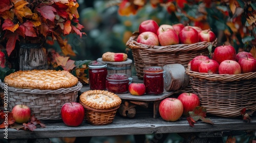 Autumn harvest display with apple pie and preserves surrounded by vibrant fal...