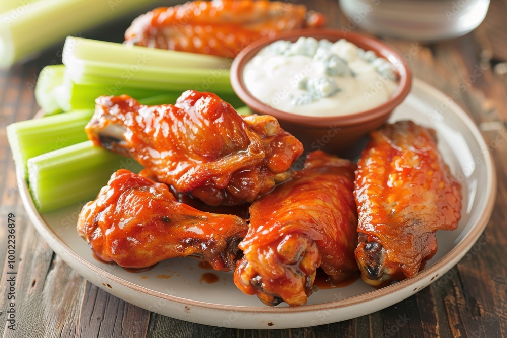 A plate of spicy buffalo wings with celery sticks and blue cheese dip A plate of spicy buffalo wings with celery sticks and blue cheese dip