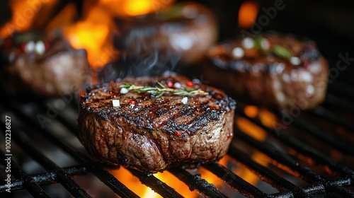 Grilling juicy steaks over an open flame in a backyard barbecue setting at su...