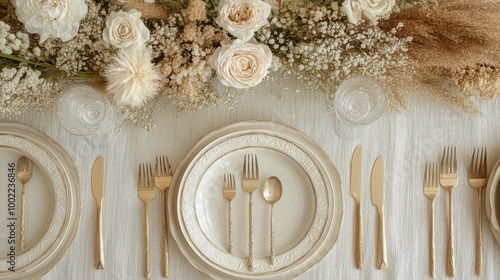 Elegant table setting with white flowers and gold cutlery for a special occas...