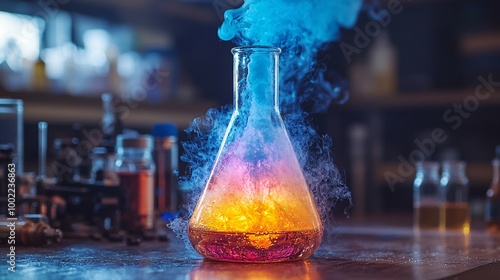 Close-Up of Laboratory Flask with Colorful Liquid Bubbling Surrounded by Science Equipment on Wooden Table