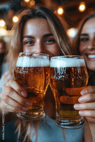Friends enjoying craft beer together outdoors in a cozy setting during the ev...