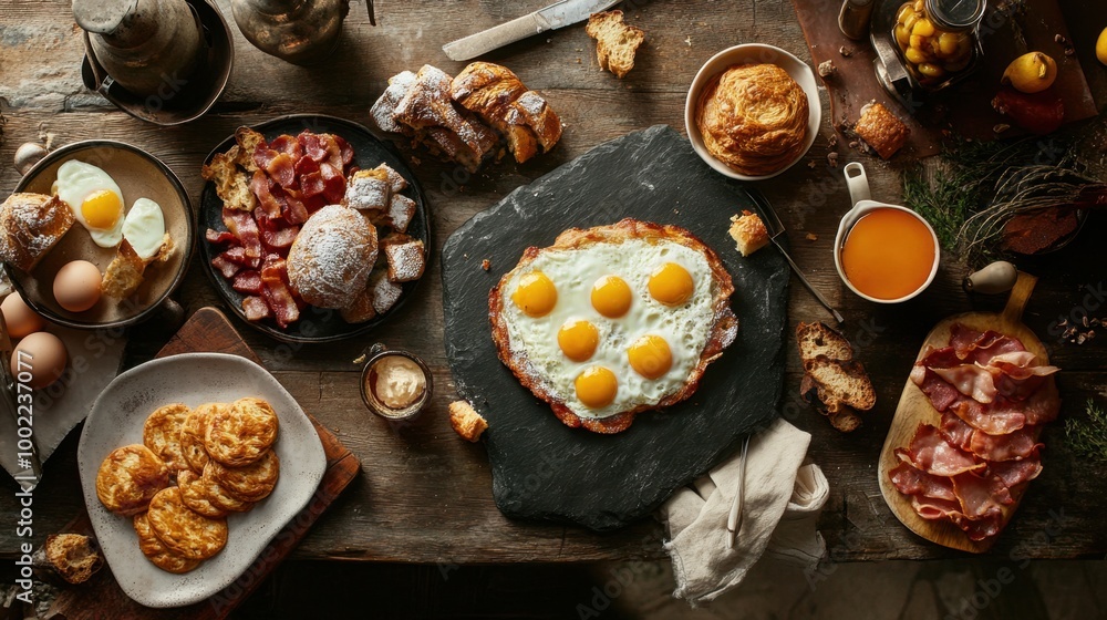 Traditional breakfast spread on a stone surface, featuring eggs, bacon, and pastries, creating a rustic ambiance. Traditional breakfast spread on a stone surface, featuring eggs, bacon, and pastries, creating a rustic ambiance.