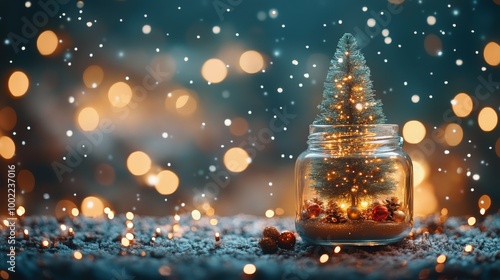 Cozy winter scene with a decorated pine cone in a jar illuminated by warm lights