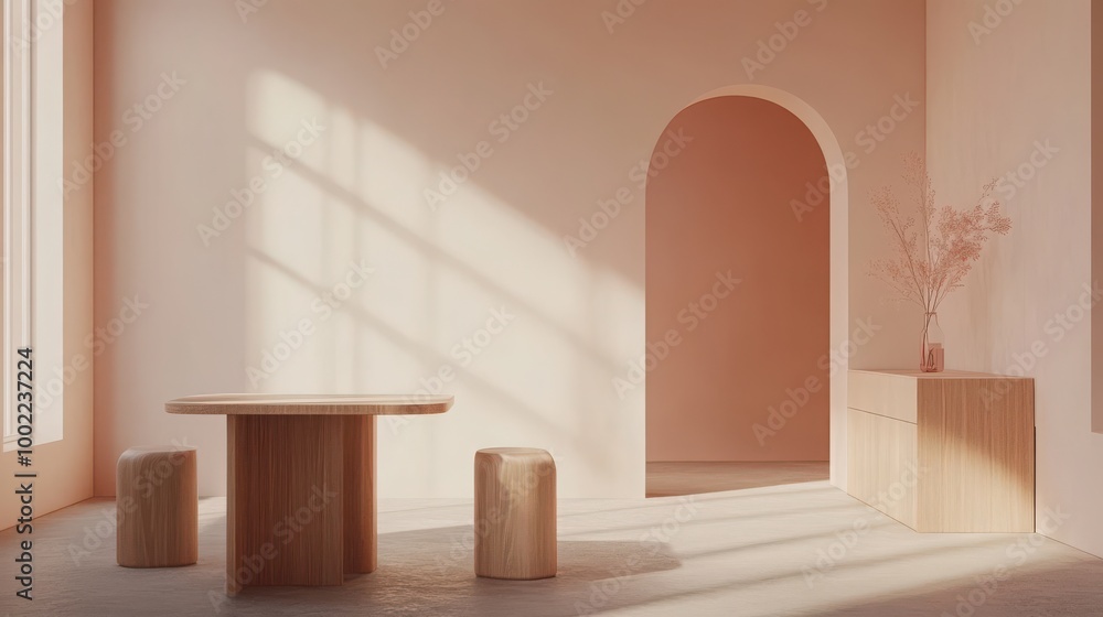 Fototapeta premium Mock up frame in a simple business office featuring natural wooden furniture and soft pink walls, completely, 3D render