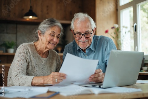 A man and woman are sitting at a table looking at a laptop