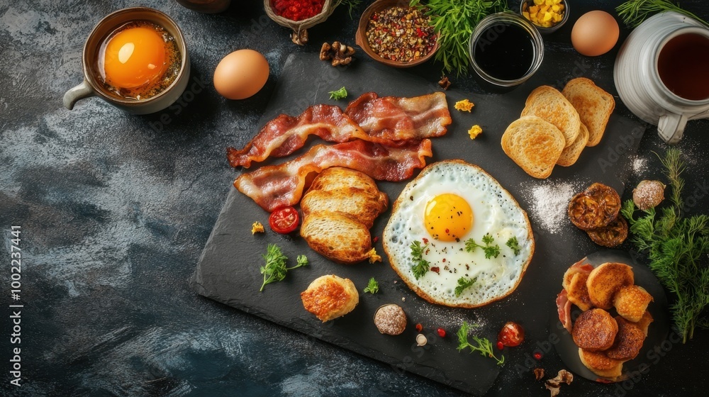 Traditional breakfast spread on a stone surface, featuring eggs, bacon, and pastries, creating a rustic ambiance. Traditional breakfast spread on a stone surface, featuring eggs, bacon, and pastries, creating a rustic ambiance.