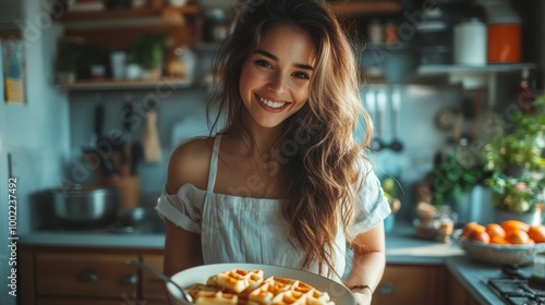 Young woman smiling while holding a dish of waffles in a cozy kitchen at midday