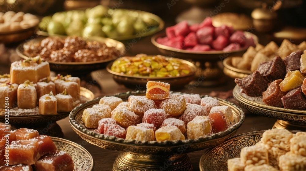 Traditional festival sweets from different cultures, displayed in ornate, luxurious bowls and plates. Traditional festival sweets from different cultures, displayed in ornate, luxurious bowls and plates.