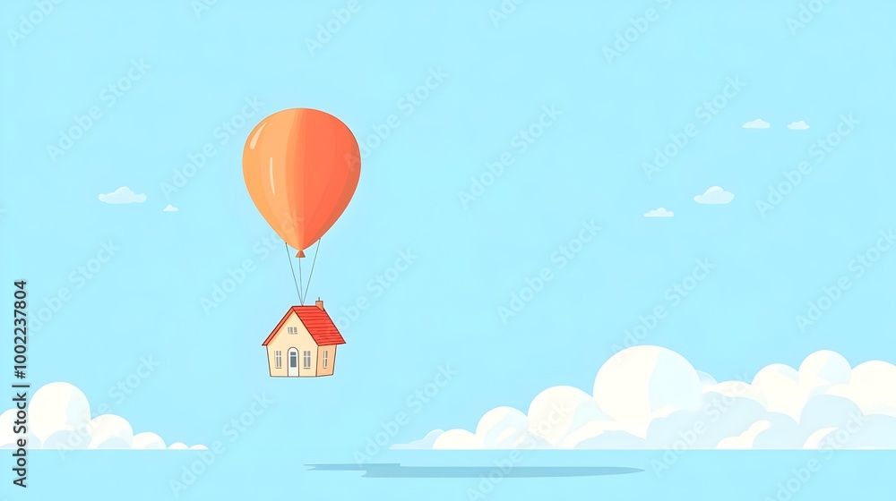 Obraz premium A Balloon Lifting a House into the Sky on a Pastel Blue Background