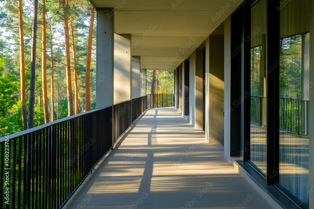 Modern Building Balcony with Black Railing and View of Trees - Realistic Image Modern Building Balcony with Black Railing and View of Trees - Realistic Image