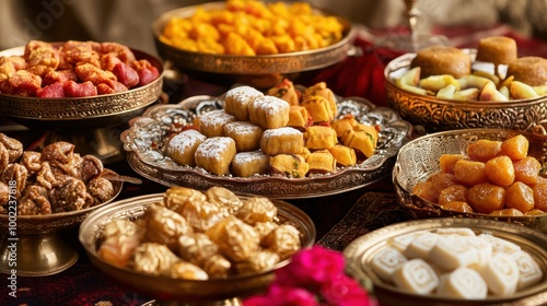 Traditional festival sweets from different cultures, displayed in ornate, luxurious bowls and plates.