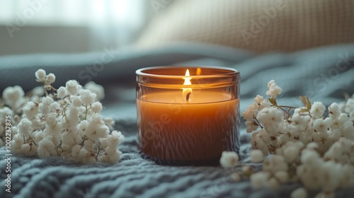 Warm candlelight on textured blanket with flowers and cozy atmosphere