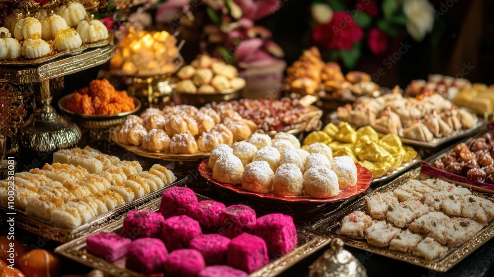 Traditional festival sweets from various cultures, arranged in lavish containers, creating a festive, luxurious display. Traditional festival sweets from various cultures, arranged in lavish containers, creating a festive, luxurious display.