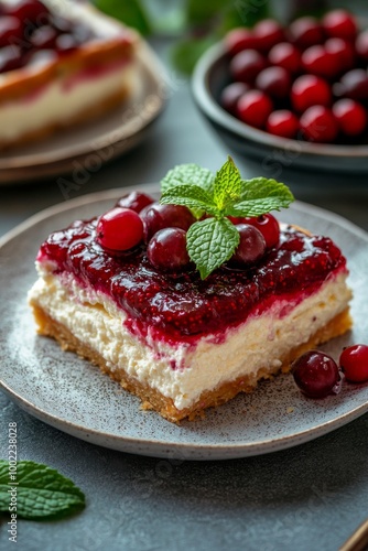 Layered berry dessert with raspberry and blackberry topping served on a grey ...
