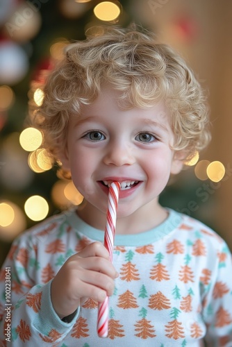 Cheerful child holding a candy cane while wearing festive pajamas in a cozy h...