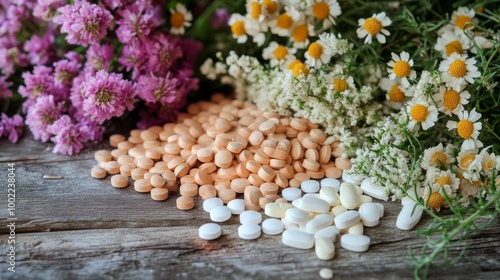 Assorted dietary supplements and herbs laid out on a rustic wooden surface
