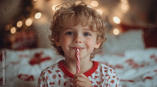 A young child enjoys a candy cane while sitting in a cozy, festive room decor...