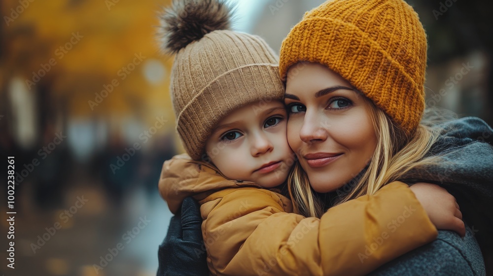 A mother embraces her son in a cozy autumn setting amidst colorful fallen leaves A mother embraces her son in a cozy autumn setting amidst colorful fallen leaves