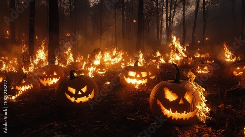 Fiery Halloween night with glowing pumpkins amidst a wild forest blaze
