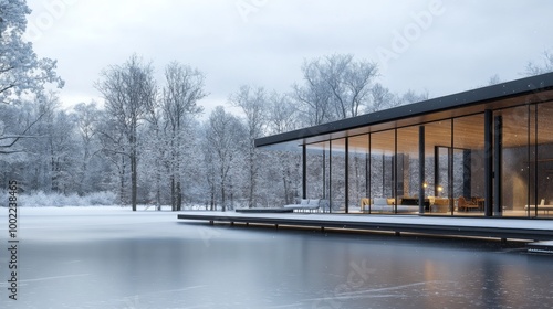 Modern Glass House with a Frozen Lake View in Winter