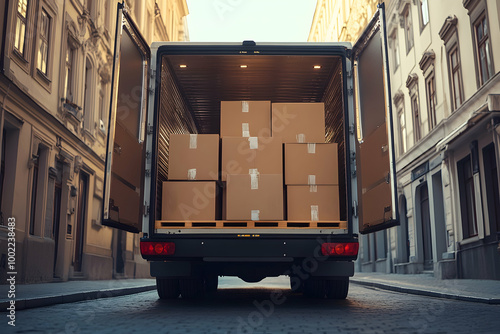 Delivery Truck Back View with Cargo Boxes on a Cobblestone Street