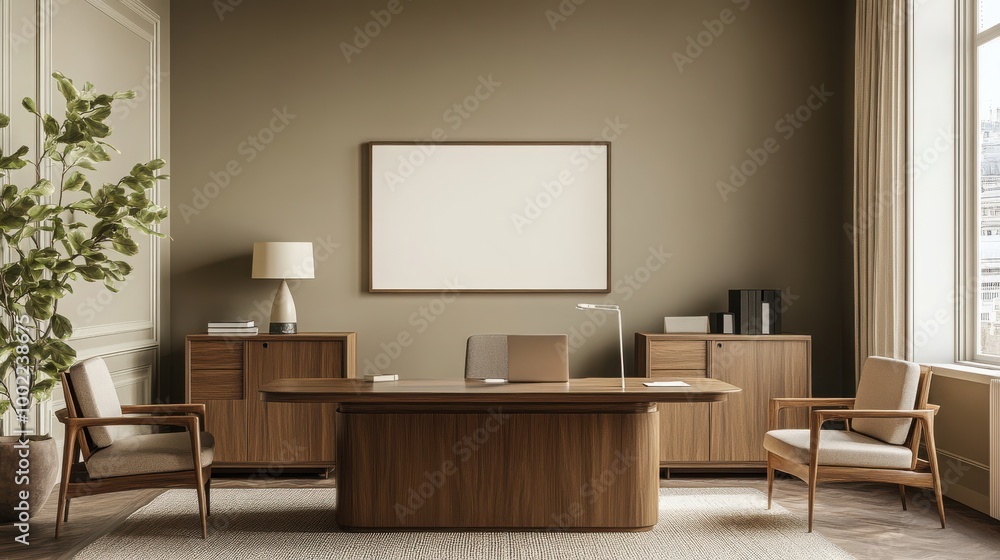 Mock up frame in a spacious, bare business office with pale olive walls and simple wooden furniture, no decorations, 3D render Mock up frame in a spacious, bare business office with pale olive walls and simple wooden furniture, no decorations, 3D render