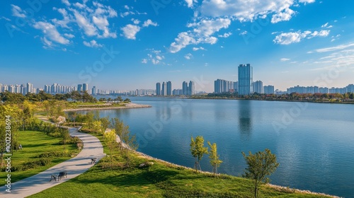 A panoramic view of the scenic Han River Park, popular for cycling and outdoor activities.